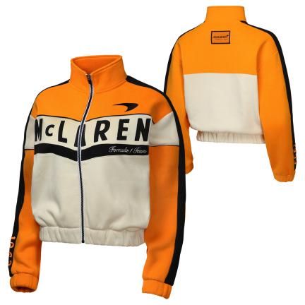 2025 McLaren F1™ Team Auto Racing Car Women's Bomber Crop Top Fitted Fleece Jacket - Papaya/Beige