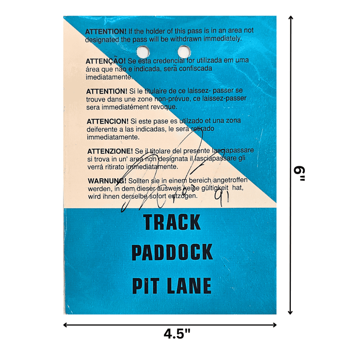 Pass pour la voie des stands du paddock signé par Senna, Stewart, Mansell et Prost, vainqueur du Grand Prix de Monaco 1991