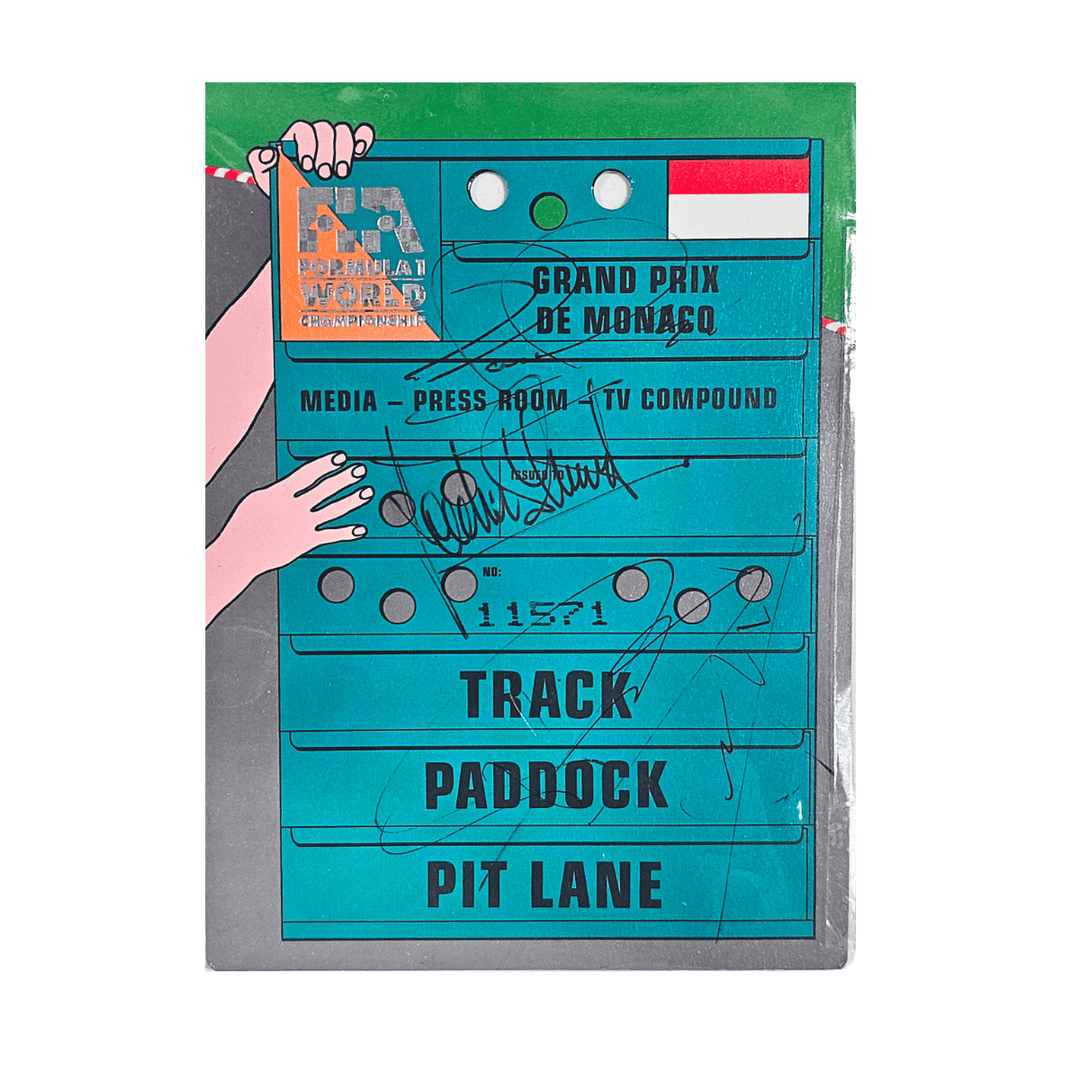 Pass pour la voie des stands du paddock signé par Senna, Stewart, Mansell et Prost, vainqueur du Grand Prix de Monaco 1991