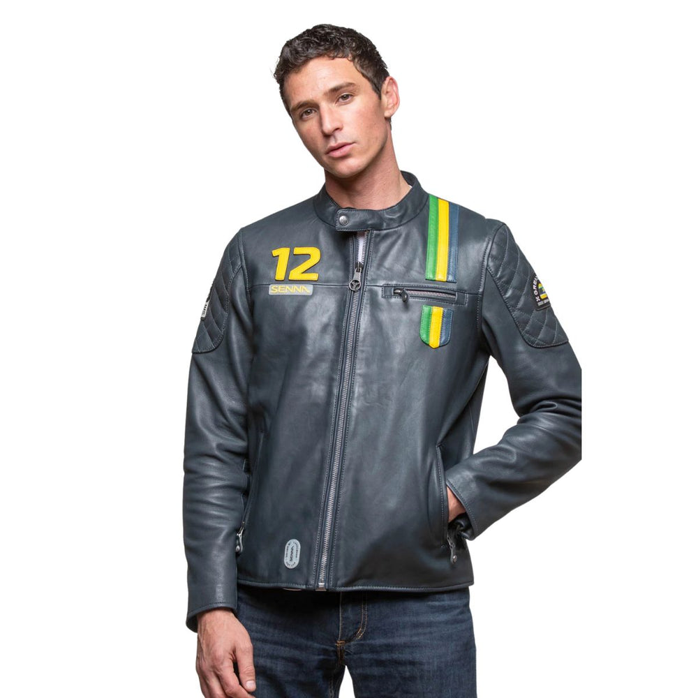 Genuine Ayrton Senna "Sao Paulo" Leather Men's Jacket - Navy Blue