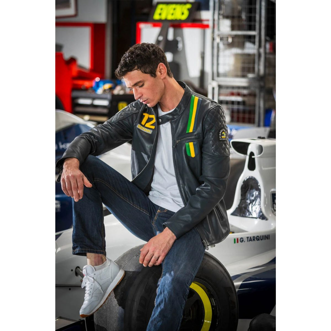 Senna F1 Driver Lotus JPS Livery Car Number 12 Adult Leather Jacket - Blue
