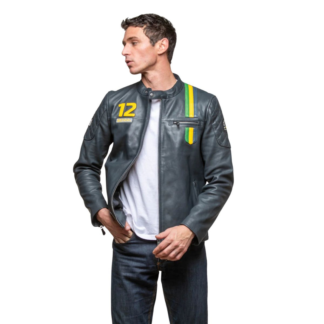 Ayrton Senna "Sao Paulo" Leather Men's Jacket - Navy Blue