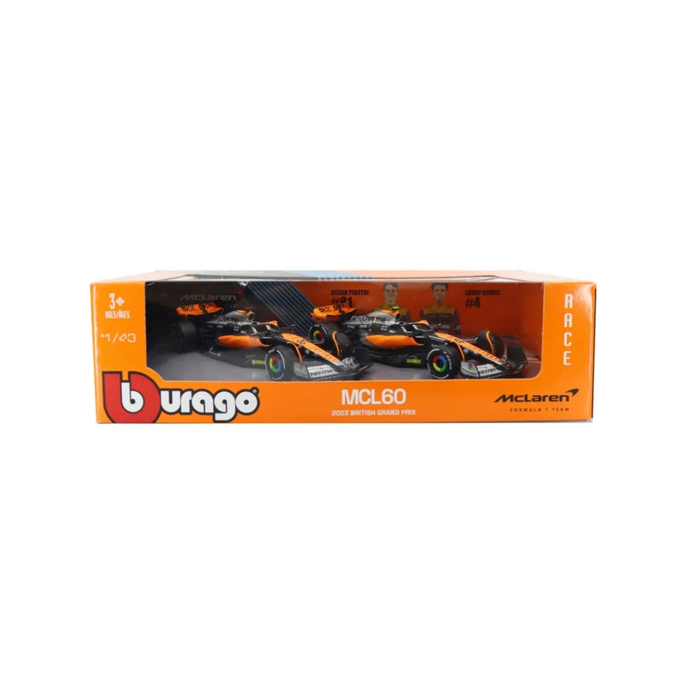 McLaren F1™ Team BRITISH GP Lando Norris & Oscar Piastri MCL60 Bburago 1:43 Scale Model Car - Papaya