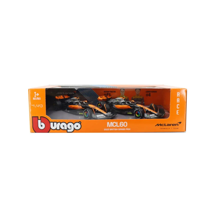 McLaren F1™ Team BRITISH GP Lando Norris & Oscar Piastri MCL60 Bburago 1:43 Scale Model Car - Papaya
