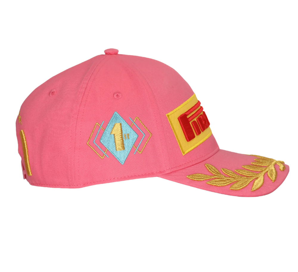 Side profile of 2025 Miami GP Podium Pink Cap showing 1st Place Turquoise Art Deco Embroidery Detail