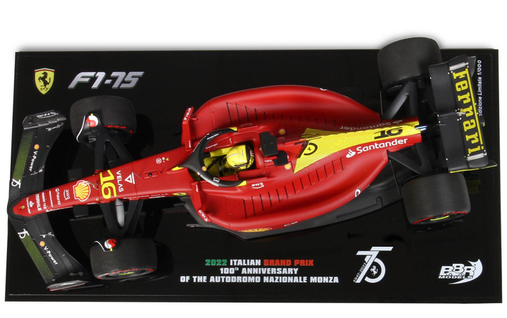 BBR-MODELS - 1/18 - FERRARI - F1-75 SCUDERIA FERRARI N 16 2nd Place MONZA ITALY GP 2022 CHARLES LECLERC - 100th ANNIVERSARY AUTODROMO NAZIONALE MONZA - RED YELLOW