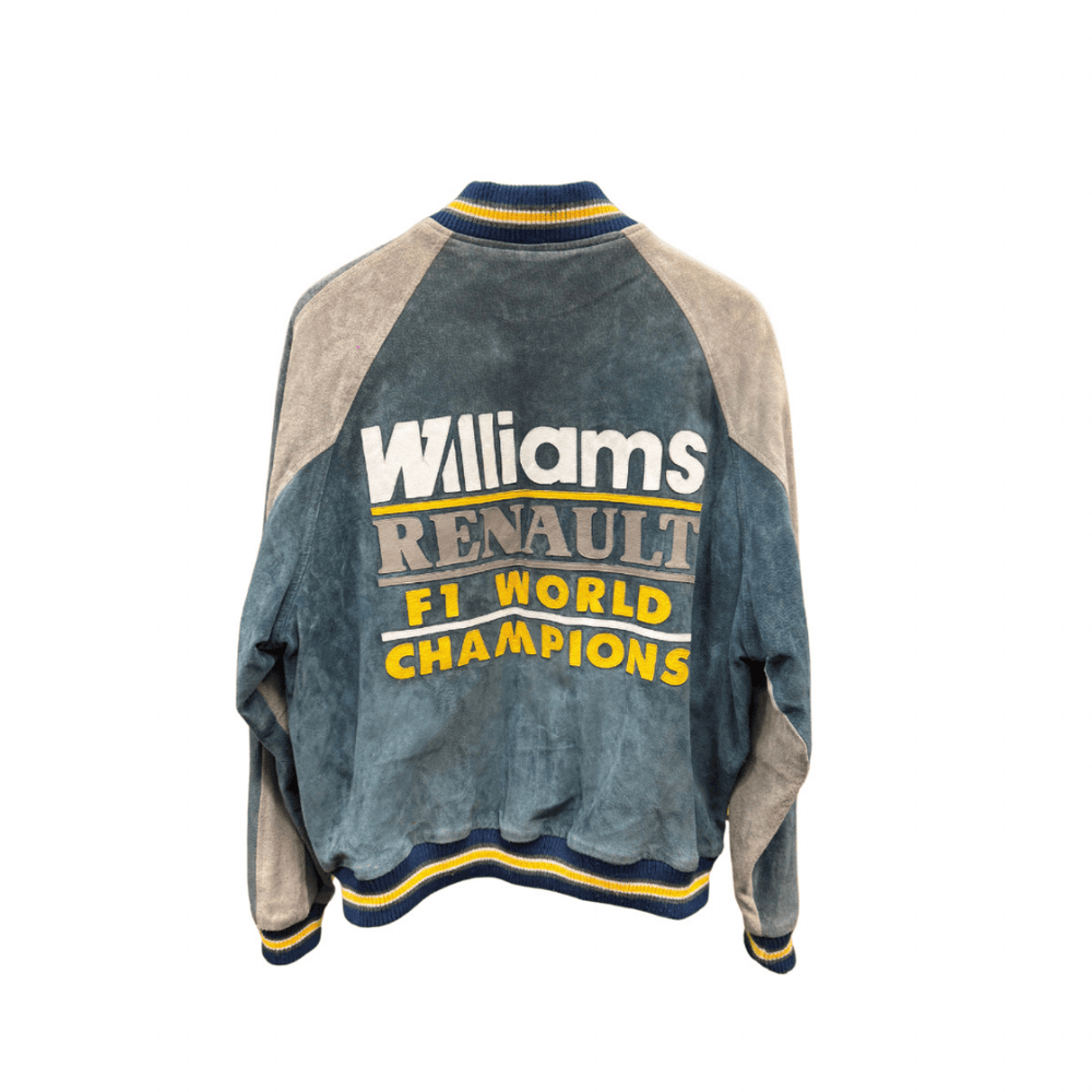 1997 Williams Renault F1 World Champions Suede Vintage Bomber Jacket - Blue and Grey