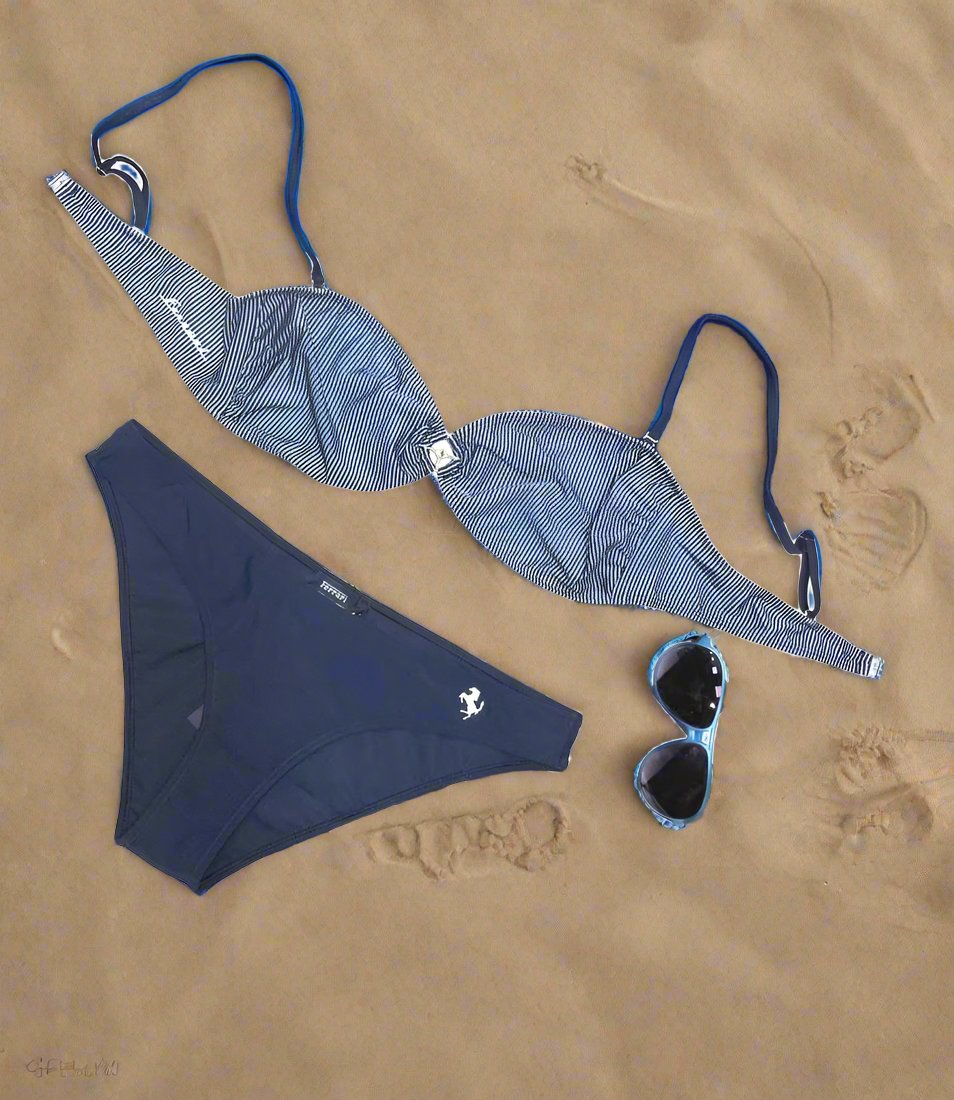 Scuderia Ferrari Blue and White Striped Triangle Ladfies Women's Bikini Top and Bottom - Lagoon Blue
