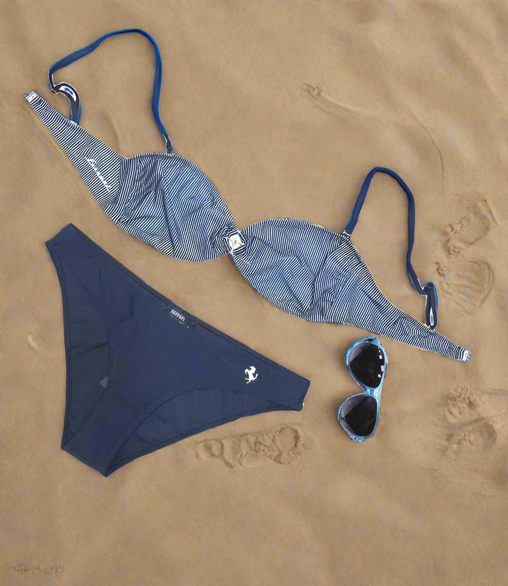 Scuderia Ferrari Blue and White Striped Triangle Ladfies Women's Bikini Top and Bottom - Lagoon Blue