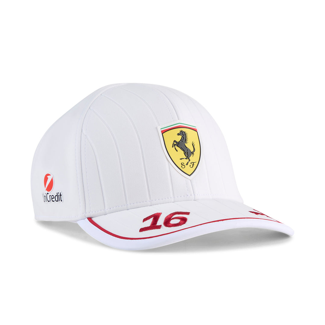 Front view of 2025 Charles Leclerc Official Scuderia Ferrari Miami GP PUMA Cap featuring TPU Ferrari Shield and red number 16.