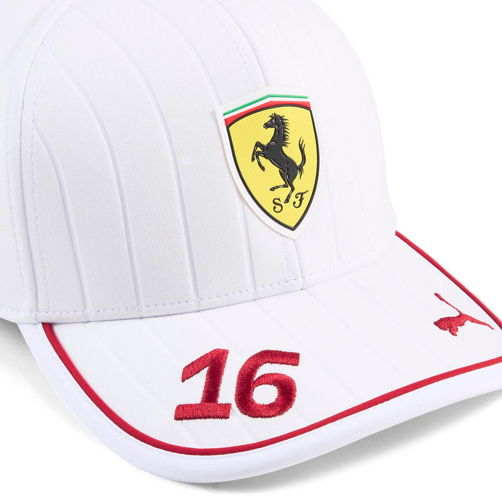 Front view of 2025 Charles Leclerc Official Scuderia Ferrari Miami GP PUMA Cap featuring TPU Ferrari Shield, Puma cat and driver red number 16.
