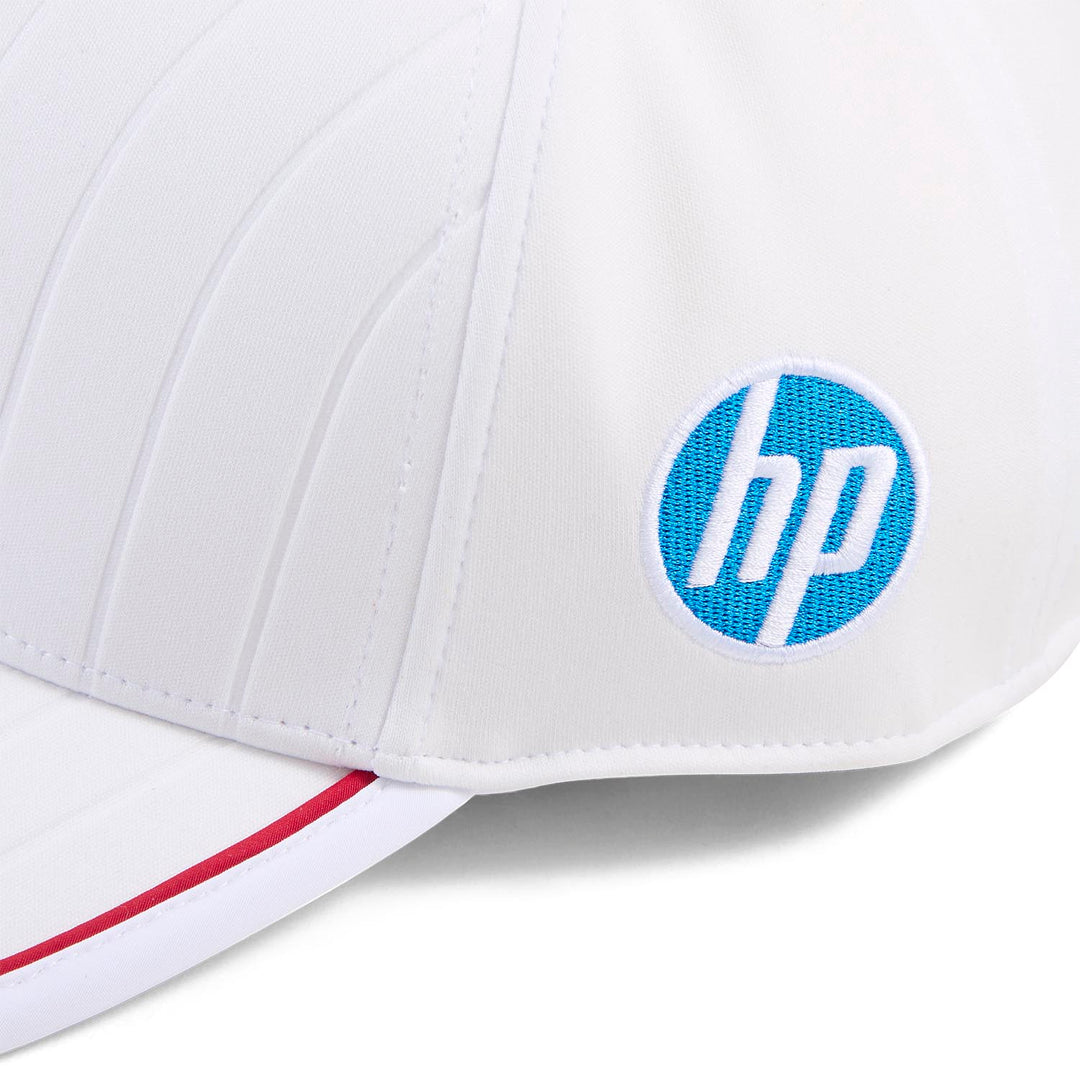 Close-up of HP sponsor logo embroidered on 2025 Official Ferrari Miami GP Charles Leclerc Cap by PUMA
