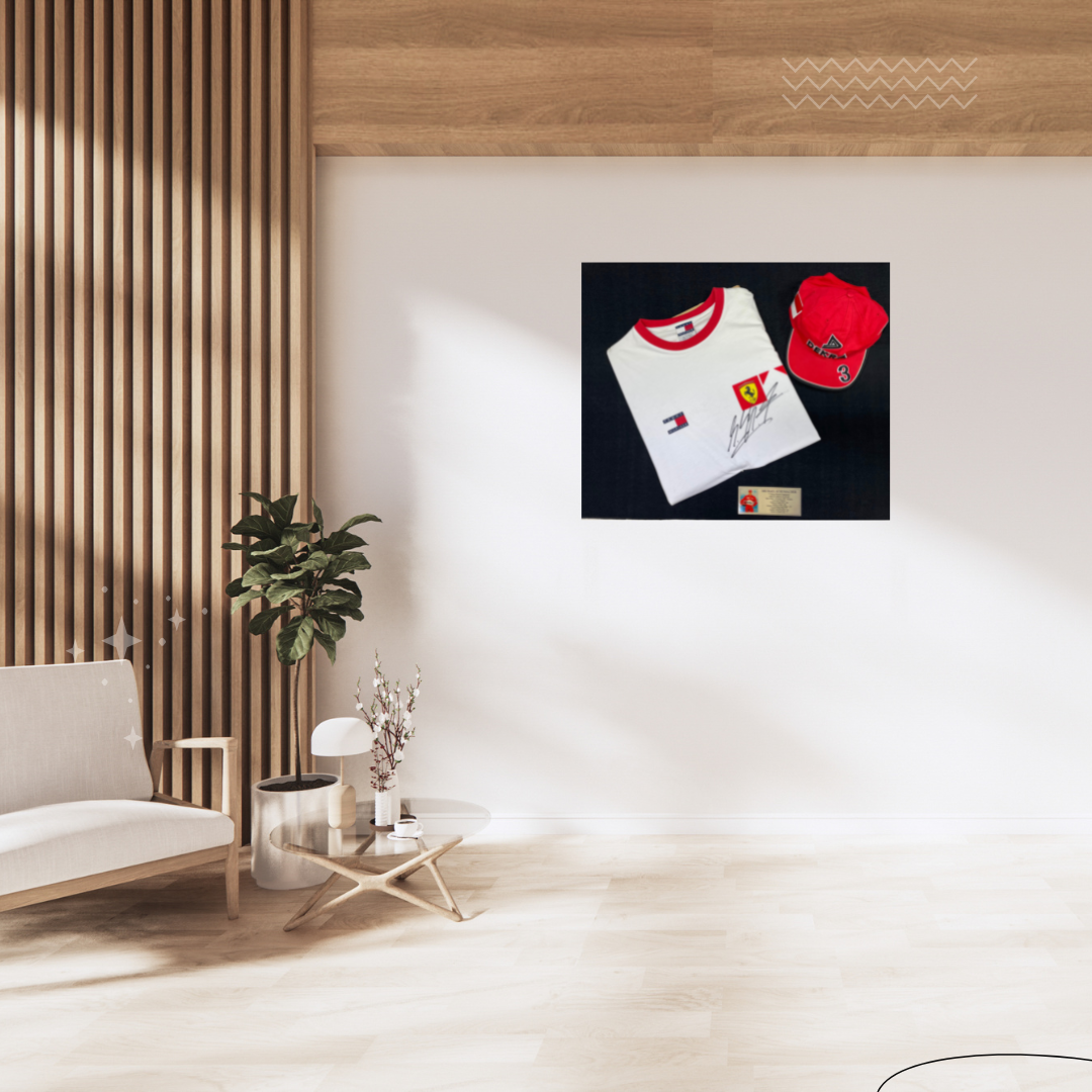 Scuderia Ferrari Autographed Michael Schumacher Formula 1 T-Shirt and Cap in Shadow Box Wall Art