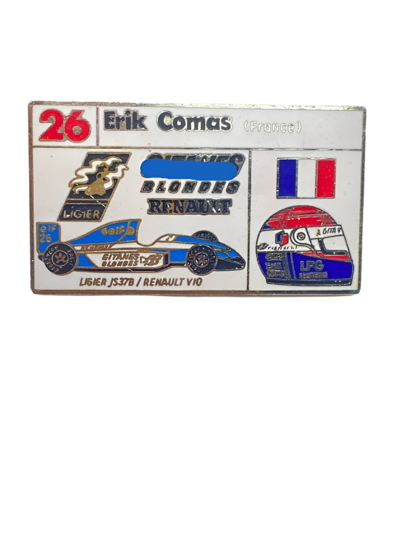 Erik Comas 26 Ligier js37b Renault F1 V10 gitanes blondes helmet lapel pin - white