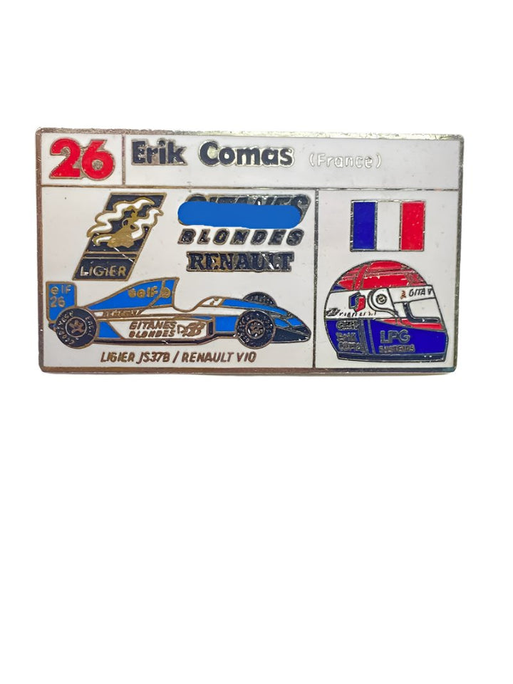 Erik Comas 26 Ligier js37b Renault F1 V10 gitanes blondes helmet lapel pin - white