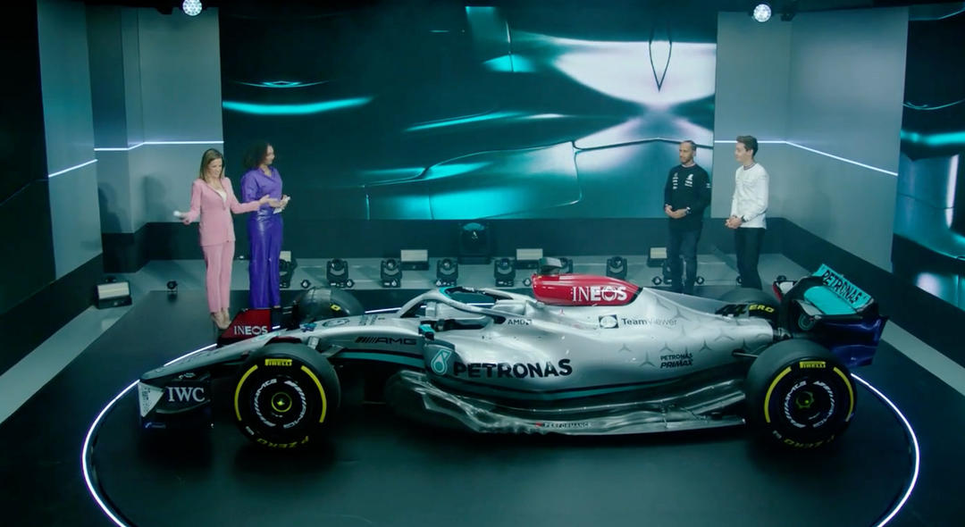 2022 new silver livery Mercedes AMG Motorsport W13 F1 Car Reveal with drivers Lewis Hamilton and George Russell.