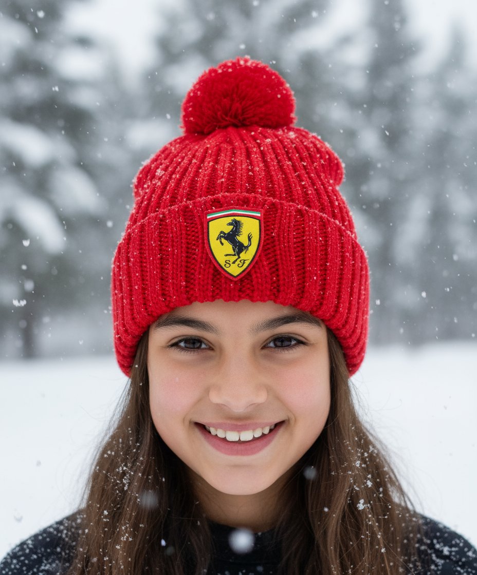 Scuderia Ferrari F1™ Team Logo Shield Unisex Kids' Youth Beanie with Pom Winter Hat - Red
