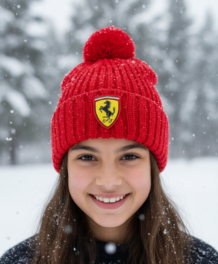 Scuderia Ferrari F1™ Team Logo Shield Unisex Kids' Youth Beanie with Pom Winter Hat - Red
