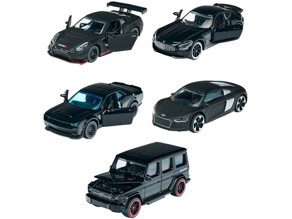Majorette Black Edition 5 Pieces  Audi R8 Coupé Nissan GT-R Nismo GT3 Brabus B63s Mercedes-AMG GT R Dodge Challenger SRT Hellcat 1:64 Scale Giftpack Coffret Set - Black