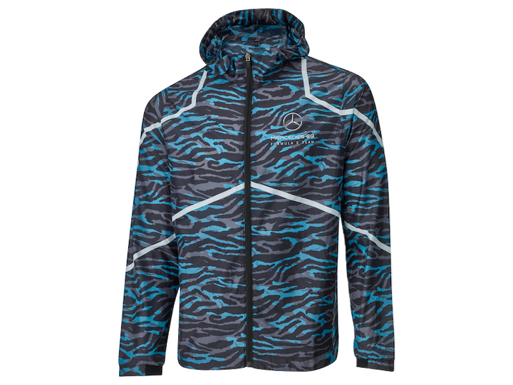 Mercedes Benz-EQ Formula E Team S8 Graphic Lightweight Hooded Windproof Rain Unisex Jacket - Camo and Vivid Blue