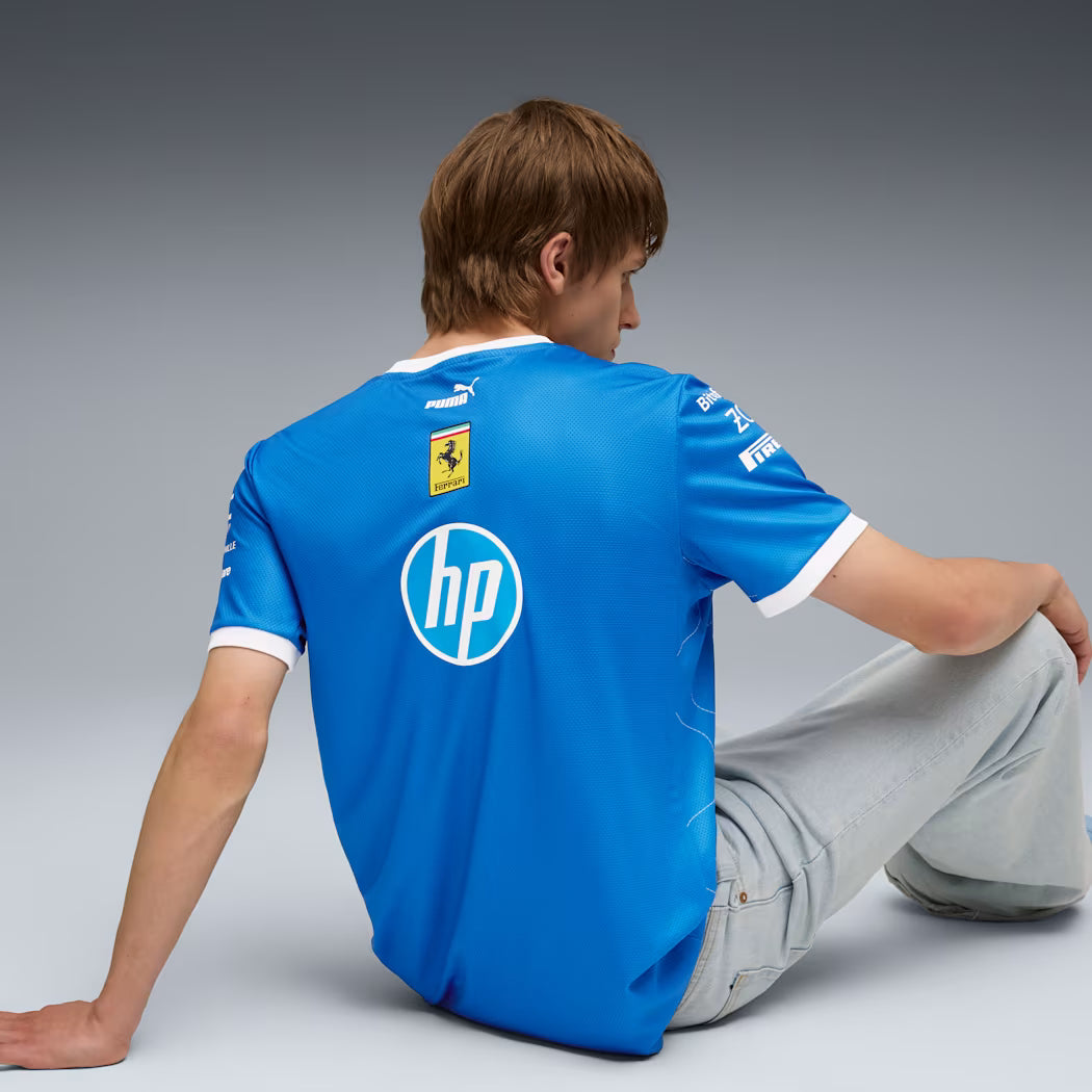 2025 Scuderia Ferrari HP F1™ Team Monza GP Blue Scozia T-shirt - Limited Edition Replica, 50th Anniversary Lauda Tribute, Official Ferrari F1 Merchandise, Men's Motorsport Apparel, Monza Grand Prix Exclusive, Ferrari Blu Scozia Color, PUMA Collaboration, High-Performance Fan Gear