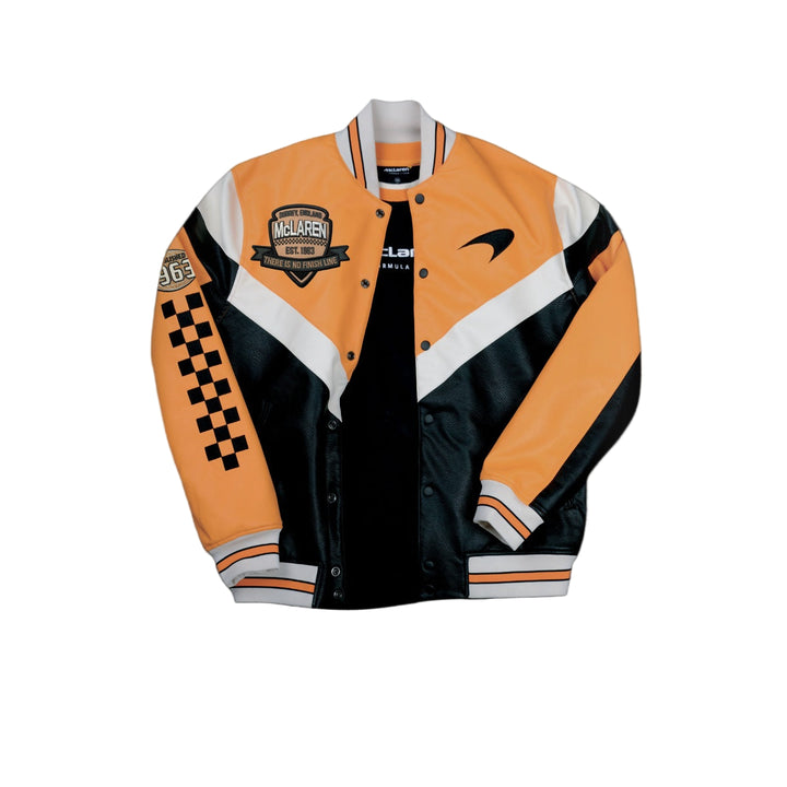 2025 McLaren F1™ Team Synthetic Faux Leather Pleather Bomber Men's Jacket - Papaya/Black