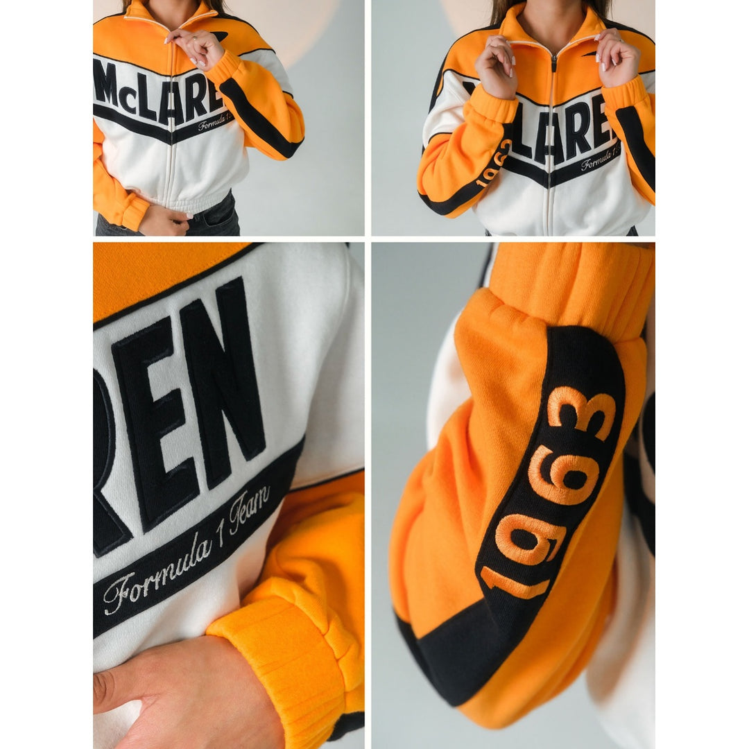 2025 McLaren F1™ Team Top Speed Women's Fleece Track Jacket Sleeve Details - Papaya/Beige