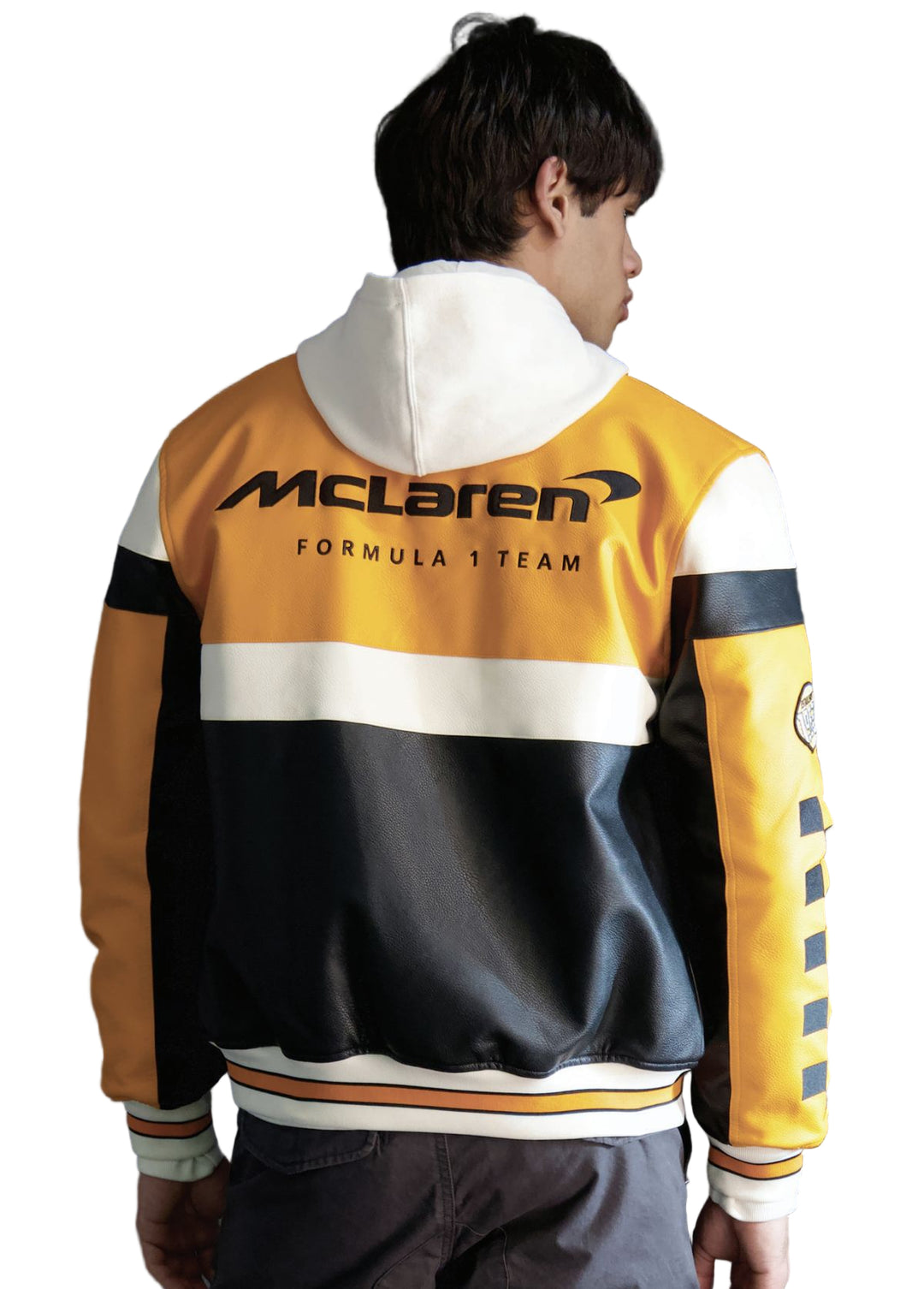 2025 McLaren F1 Team Men's TURBO CHARGED FAUX LEATHER Papaya Black Fully Embroidered Jacket.jpg