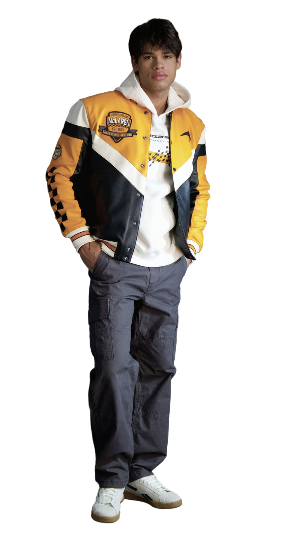 2025 McLaren F1 Team Men's TURBO CHARGED FAUX LEATHER Papaya Black Jacket.jpg