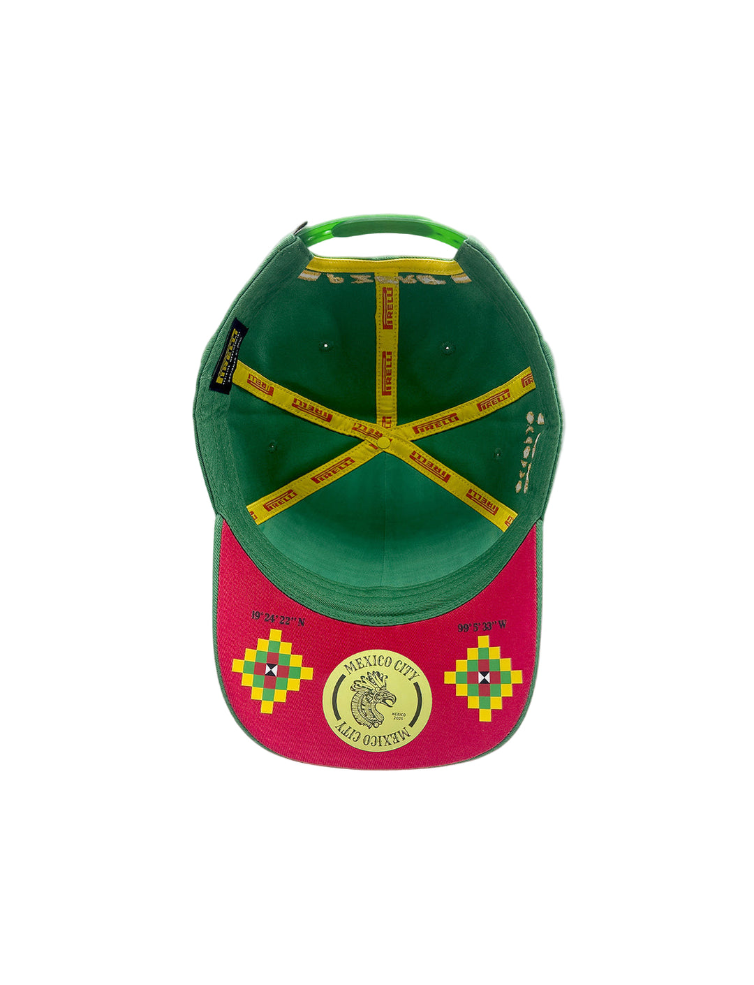 Borde interior gorra Pirelli podio México GP 2025 verde motivos aztecas bajo visera