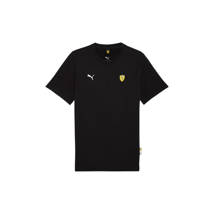 Men's or Ladies' Black t-shirt with Small Puma and Ferrari logos on the opposite chest on the front on a white background