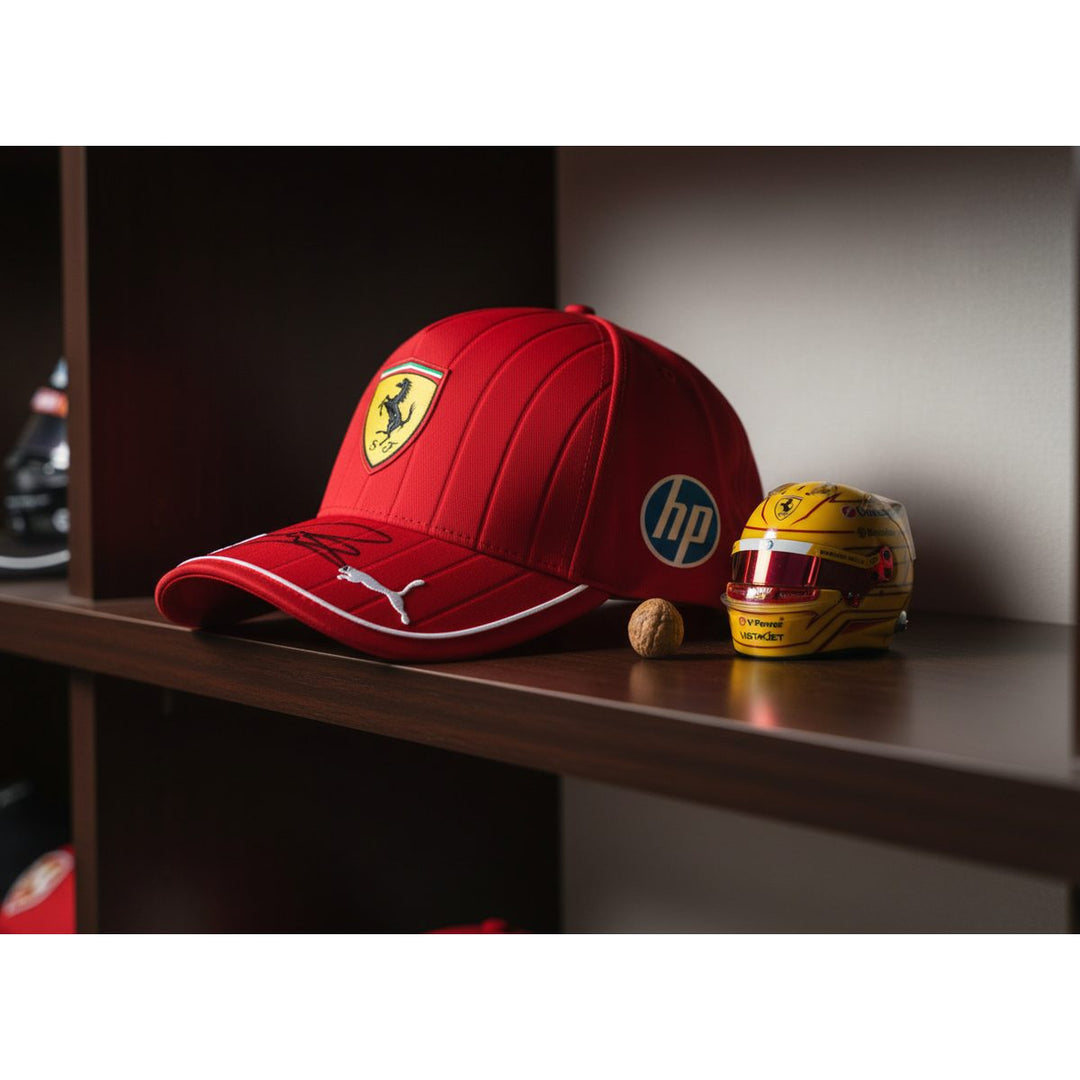 Display of Signed Scuderia Ferrari F1 Team Red cap with  Puma logo, with 2025 Lewis Hamilton Mini Helmet on a wooden memorabilia shelf.