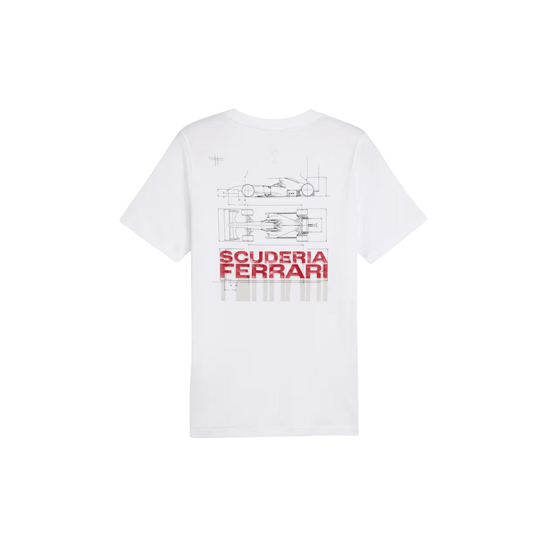 Men's or Women's White Puma x Scuderia Ferrari t-shirt with Scuderia Ferrari Formula 1 car illustrations on the back and SF logo a white background background