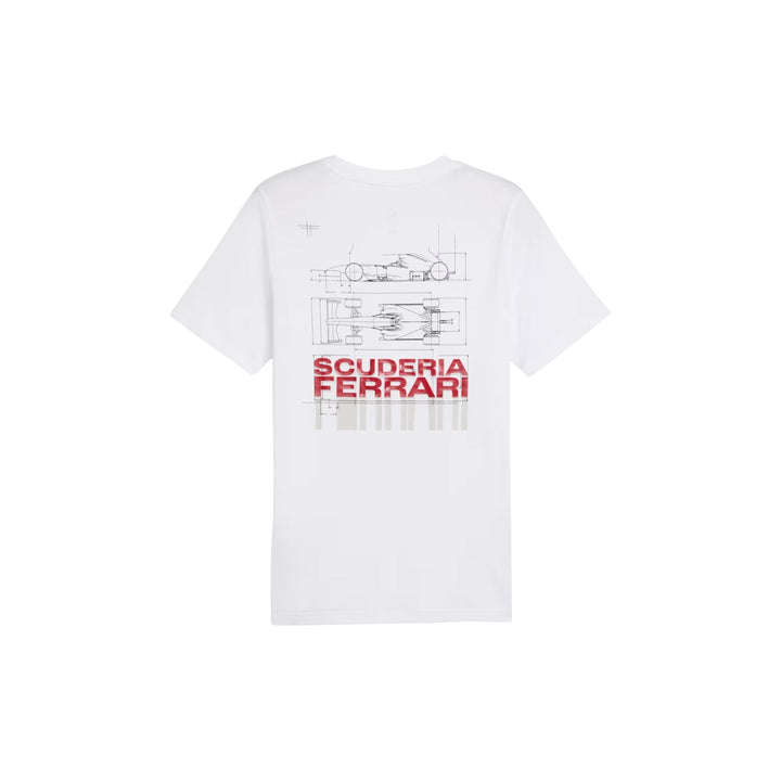Men's or Women's White Puma x Scuderia Ferrari t-shirt with Scuderia Ferrari Formula 1 car illustrations on the back and SF logo a white background background