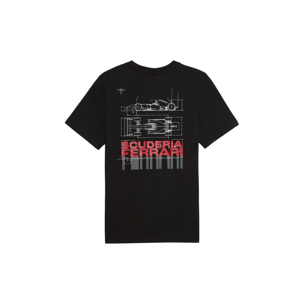 Black Men's or Women's t-shirt Puma Scuderia Ferrari T-Shirt on the chest pocket with a large Ferrari  F1 Car in White and a Scuderia Ferrari Script  logo brand name callout on a white background in the back