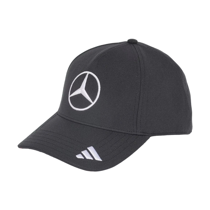 A black 2026 Mercedes F1 Team Monza GP baseball cap with a white Mercedes-Benz three-pointed star logo on the front and a white Adidas three-stripe logo on the brim, set against a light gray background.