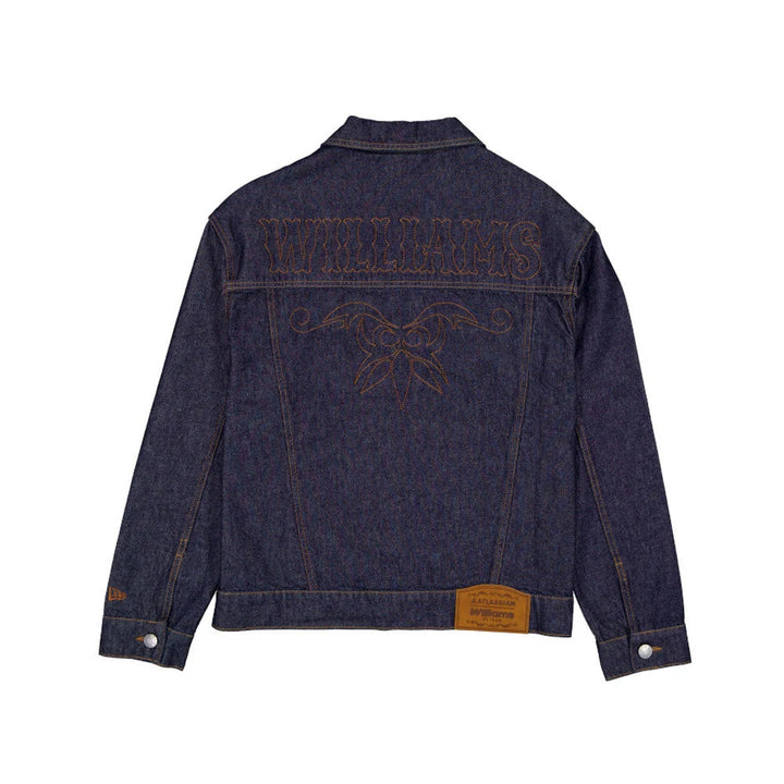 Back of the 2026 Williams Racing Austin GP denim jacket featuring large Western-style Williams embroidery, floral detailing and New Era branding for the Texas F1 Grand Prix.