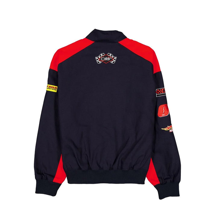 Back view of the black New Era Oracle Red Bull Racing canvas jacket showing red shoulder accents and upper-back racing emblem.