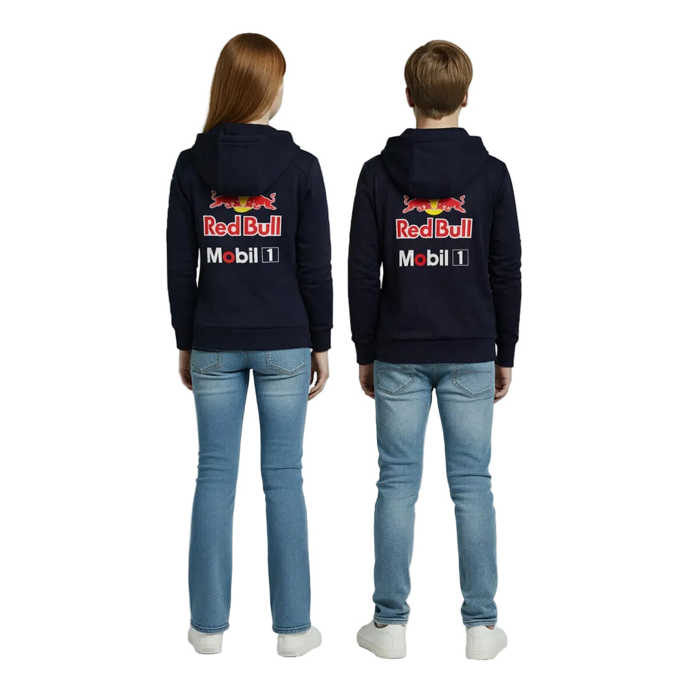 Two kids wearing navy 2026 Red Bull F1 Team, Mobil 1, Formula One sponsor slickscreen-printed logo hoodies, standing back-to-back on a white background.