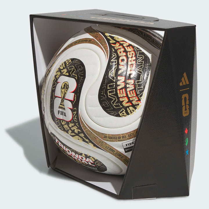 2026 FIFA World Cup Finals Pro Ball Soccer ball by Adidas with branding in a packaging box on a light gray background