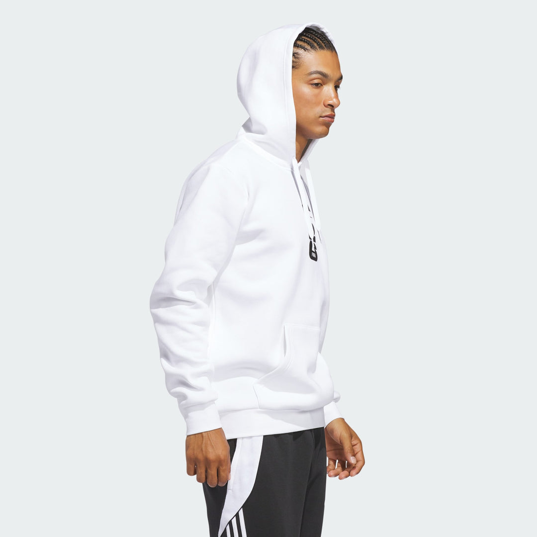 Soccer Fan wearing a white 2026 FIFA World Cup 26 Match Ball Kangaroo Hoodie with an Adidas brand logo on a light gray background 