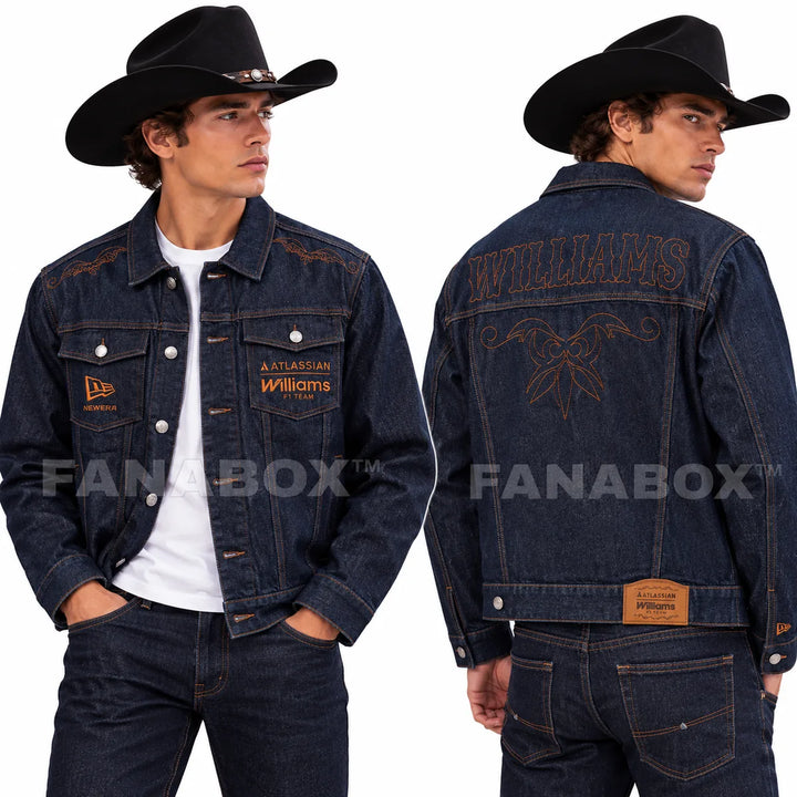 Male model wearing the 2026 Austin F1 GP Williams Denim Jacket Mens Chamarra Cowboy-Style Jacket with a black cowboy hat, showing front team embroidery and the Western-style Williams back design.