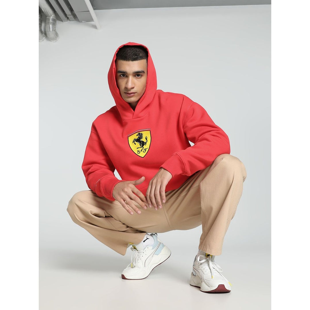 2024 Puma Scuderia Ferrari Race Embroidered Shield Men's Hoodie - Speed Yellow / Rosso Corsa / Black