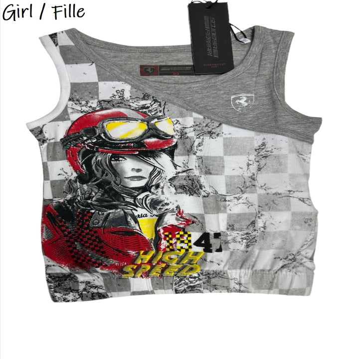 Scuderia Ferrari Girl Checkered Print Jersey Top - Grey