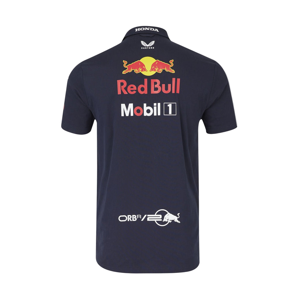 Navy blue polo shirt with Red Bull F1 Team and Mobil 1 branding on a light gray background - blue 