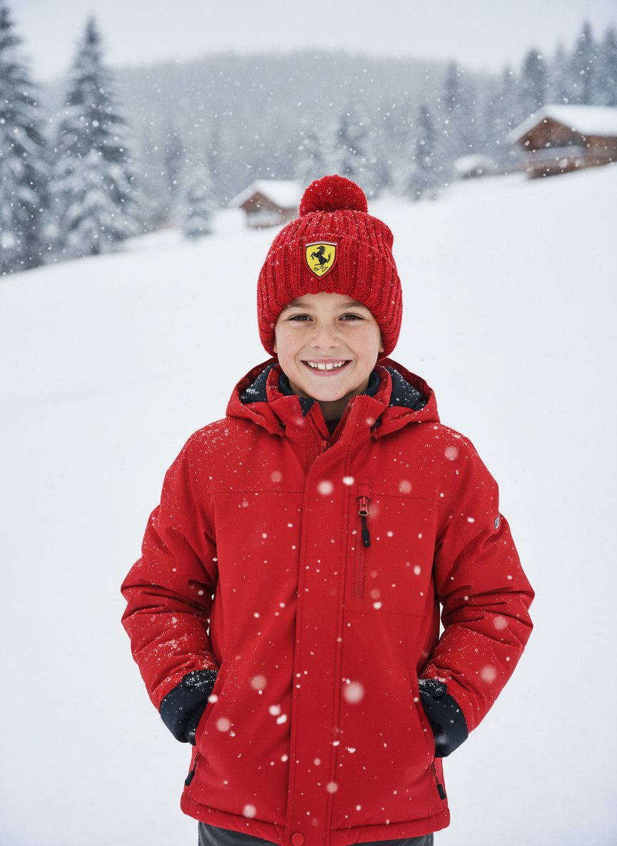 Ferrari F1 Team Logo Shield Kids' Youth Beanie with Pom Winter Hat - Red