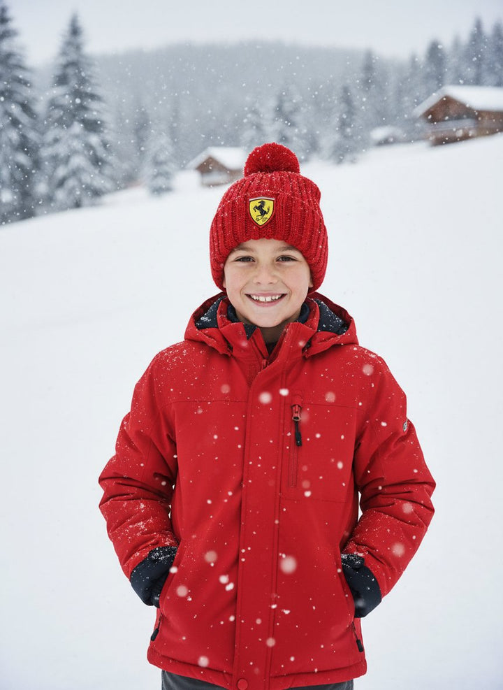 Ferrari F1 Team Logo Shield Kids' Youth Beanie with Pom Winter Hat - Red