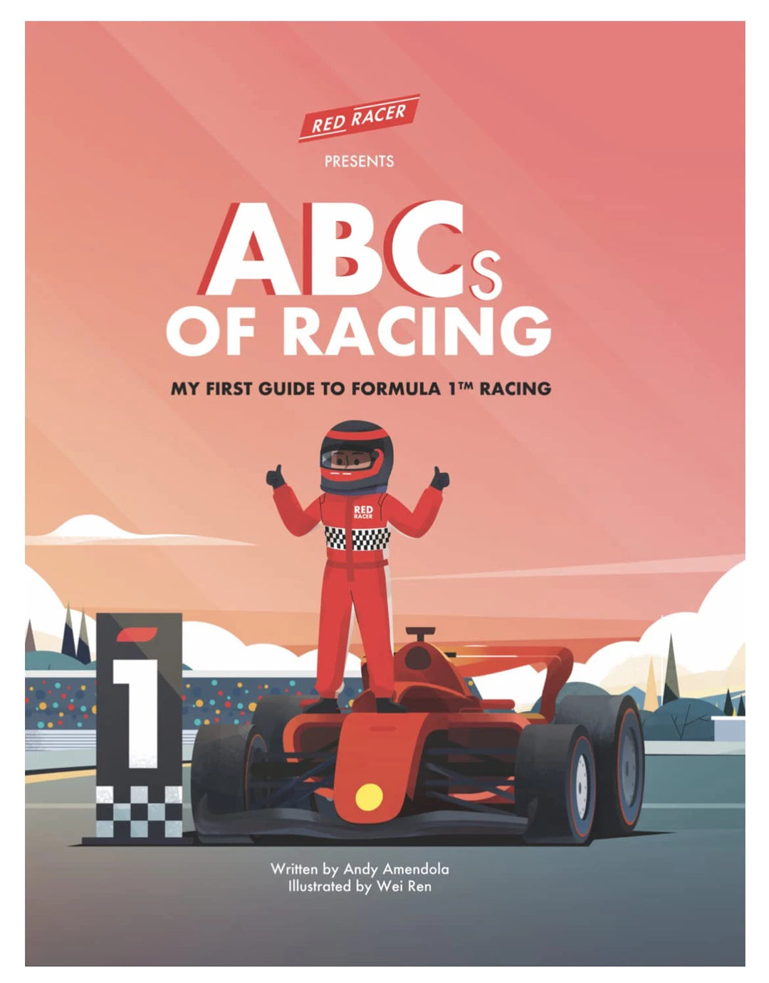 Book cover of 'ABCs of Racing' with a driver and race car on a pink background