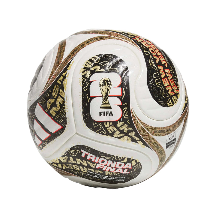 Soccer professional finals match ball with the 2026 FIFA World Cup logo and gold, black and red branding on a light gray background