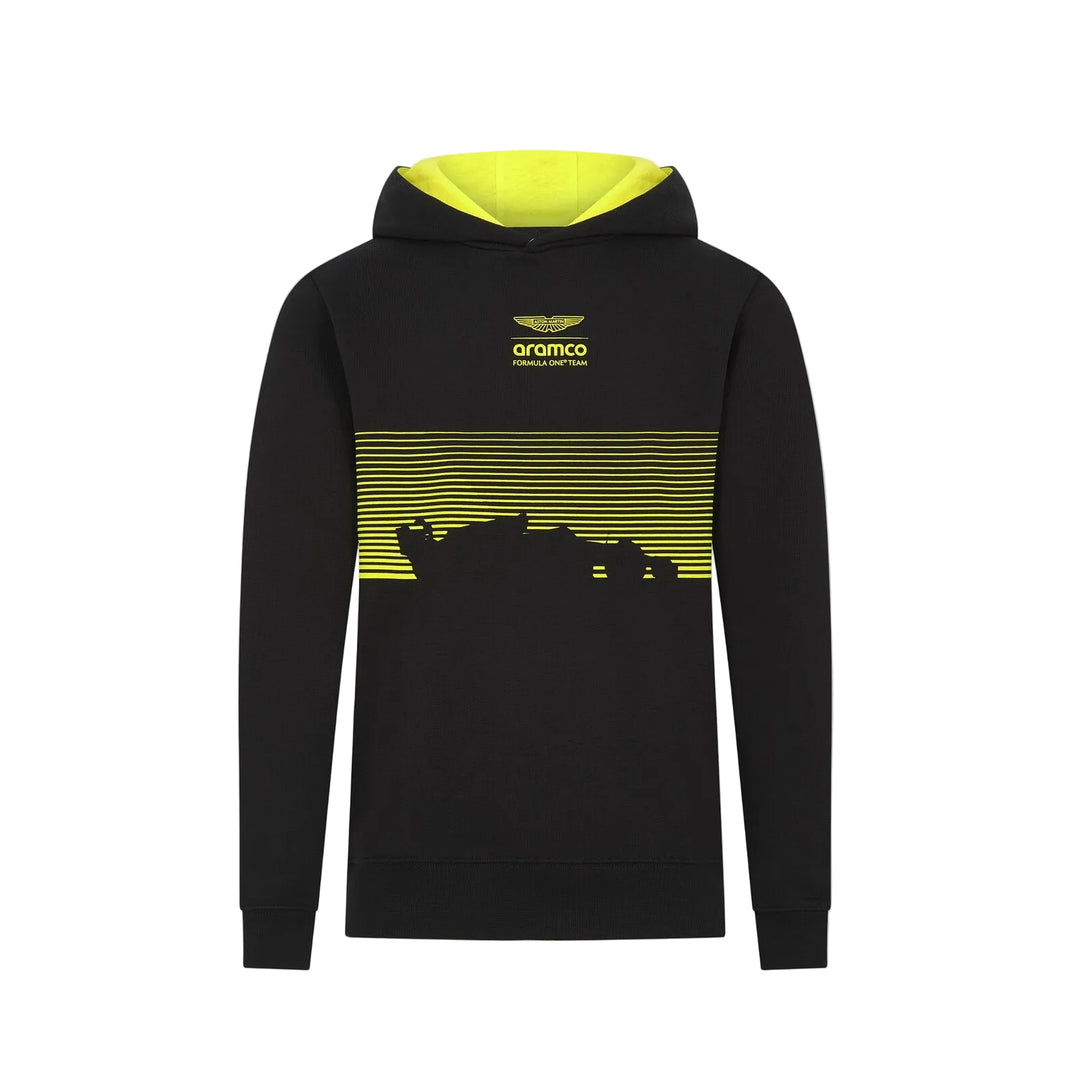 Aston Martin F1 Team Kids Youth Boys Girls Car Print 1Black hoodie with yellow accents and Aramco logo on a light gray background